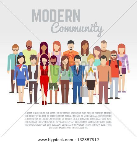 Business or politics community, society members, team vector flat concept with group of men and women. Social people group and population people character illustration