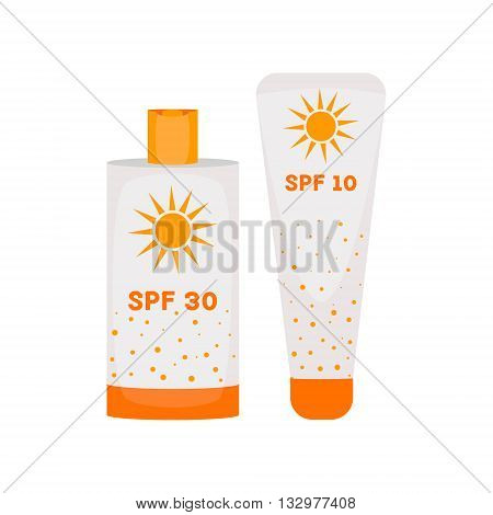 Sunblock cream bottles isolated on white background. Summer sunscreen cosmetic container icons. UV SPF skincare tube packaging. UV skin protection concept. Vector illustration.