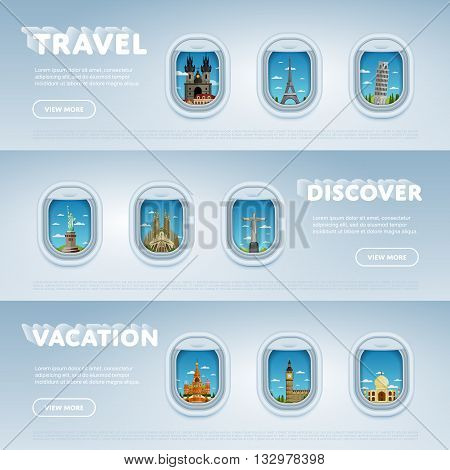 World travel and tourism concept flat vector. Famous world buildings. World travel landmark and famous travel place. Vacation travel architecture in cartoon style. World travel background. Travel banners. Travel background for traveling agency. Travel.