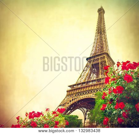 Paris. Eiffel Tower at sunrise, Paris, France. Beautiful Romantic background. Eiffel Tower from Champ de Mars, Paris. Vintage styled art design