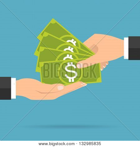 Businessman hands payment and receiving money banknote. Vector illustration flat design business concept design.