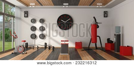 Home Gym With Punching Bag,cyle And Other Fitness Equipment - 3d Rendering