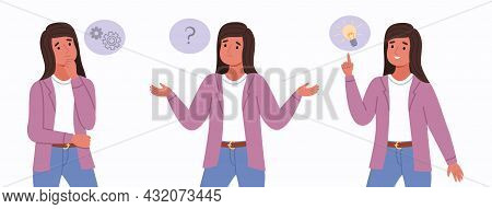 Woman Think. Idea Search Three Stages, Intense Reflection, Female Character Thought Process, Solving