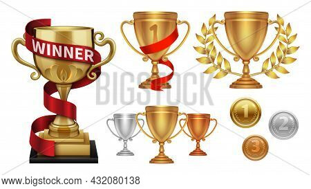 Winner Collection. Trophy, Realistic Medals. Golden Cup With Red Ribbon, Isolated Gold Silver Bronze