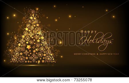 Beautiful golden Xmas tree on shiny brown background for Merry Christmas, New Year and Happy Holidays celebrations. 