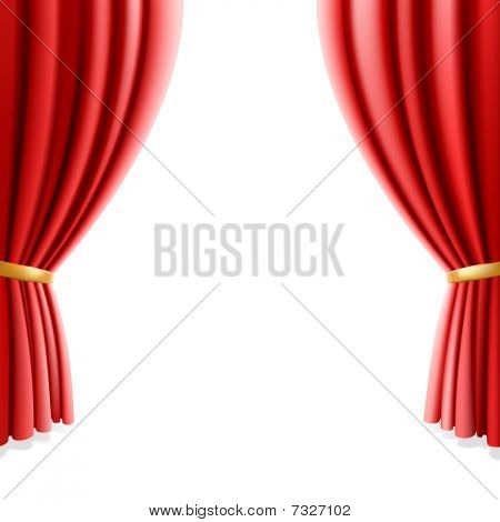 Red theater curtain on white background. Vector illustration.