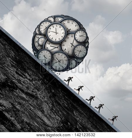 Business deadline stress concept as a group of desperate employees or working people running away from a ball made of clock objects as an overtime metaphor and stress in the workplace with 3D illustration elements.