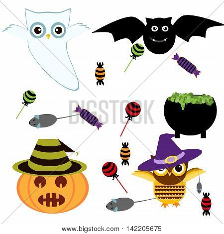 Vector illustration of collection of halloween icon set. Halloween set horror ghost pumpkin drawing symbols pumpkin broom bat spider webs. Halloween icons sweet candy holiday october vector set.