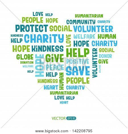 Concept word cloud containing words related to charity, love, health care, kindness, human features, positivity, volunteering, donations, help in the shape of the heart. Handwritten vector font.