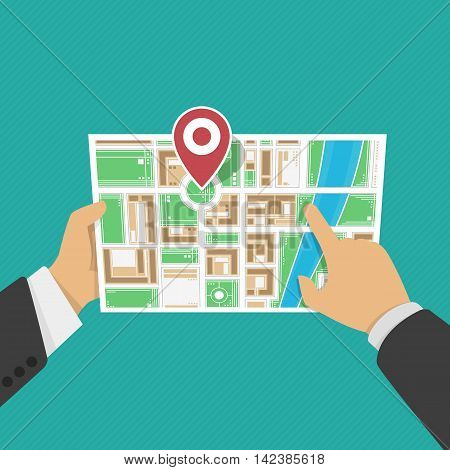 Paper Map In Hand in flat style. Vector Illustration of cartoon hands hold folded map of city a location marker. Location map, gps navigation, direction, positioning, travel destination concepts.