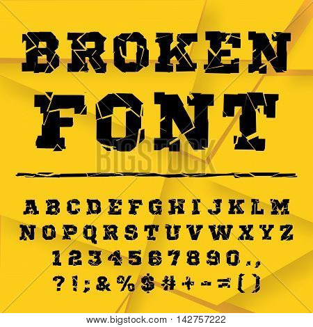 Black font from the broken into fragments letters. Broken alphabet. Broken letters. Decorative alphabet. Stencil type. Full set