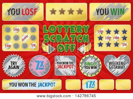 Lottery scratch off set. With effect scratch marks. Suitable for scratch card game and win. For a lottery ticket. Win game card.