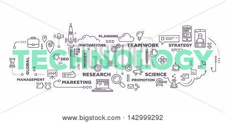 Vector creative illustration of technology word lettering typography with line icons and tag cloud on white background. Business innovation technology concept. Thin line art style design for innovation technology theme