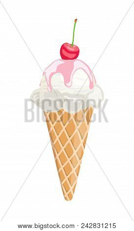 Vector Picture Of A Cream Ice Cream, Syrup Filled With Cherries On Top In A Waffle Cup, Isolated On 