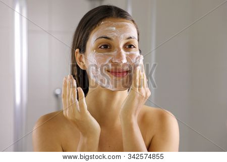 Skincare Woman Washing Face  Foaming Soap Scrubbing Skin. Face Wash Exfoliation Scrub Soap Woman Was