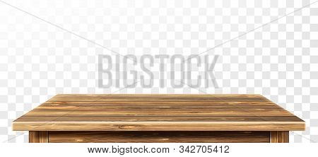 Wooden Table Top With Aged Surface, Realistic Vector Illustration. Vintage Dining Table Made Of Dark