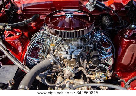 Red Classic Muscle Car Under The Hood, V8 Engine With Big Chromed Round Air Intake Filter, Tubes, Wi