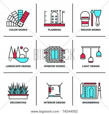 Interior And Landscape Design Line Icons Set