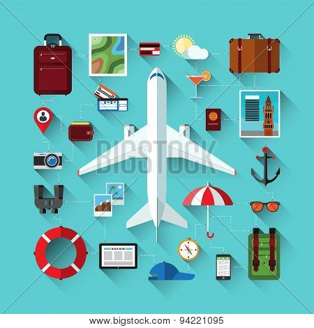 Icons set of traveling on airplane. Travel objects