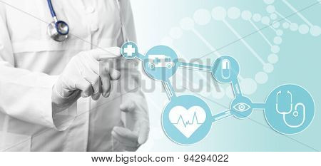 Medical doctor working with healthcare icons. Modern medical technologies concept