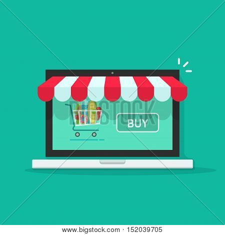 Concept of online shop, e-commerce store, internet shop vector illustration isolated on green color background, laptop as ecommerce online store with shopping cart and buy button