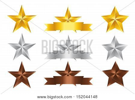 Vector illustration; Set of Stars. Gold Star Silver Star and copper Star isolated on white Background.