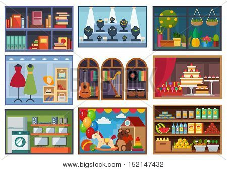 Set of vector flat design restaurants and shops facade icons. Includes bakery, pharmacy, electronics store, ice cream shop, book shop facade, butcher shop, trendy clothing store, jewelry store facade.