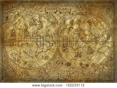 Graphic illustration of old atlas map of world on ancient paper background. Vintage or pirate adventures, treasure hunt and old transportation concept. Grunge texture and mystic symbols