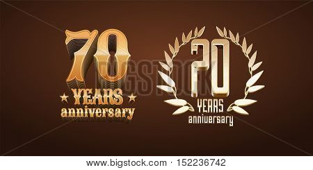 70 years anniversary set of vector logo icon number. 70th birthday marriage or graduation anniversary design elements in gold