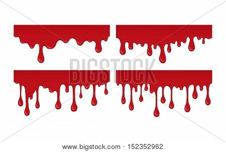 Set of blood drips. Red liquid drop and splash. Paint drips and flowing. Collection bloody element for halloween design. Abstract vector illustration isolated on white background.