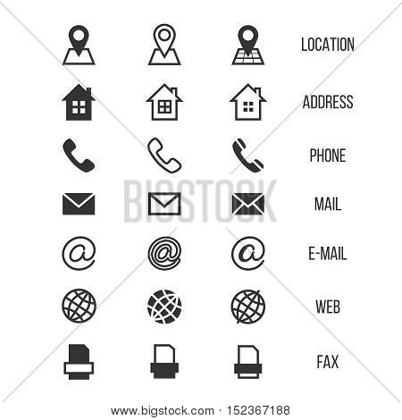 Business card vector icons, home and phone, address and telephone, fax and web, location symbols. Contact of telephone for communication illustration