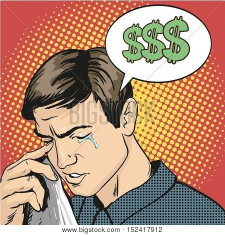 Man in stress and crying. Vector illustration in comic retro pop art style. Business failure concept.