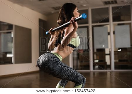 Back View Young Adult Girl Doing Heavy Duty Squat In Gym With Bodybar. Woman With Perfect Abs Doing