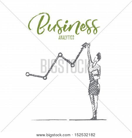 Vector hand drawn business analytics sketch and success concept. Business woman standing and drawing indicators of positive business dynamics by hand. Lettering Business analytics