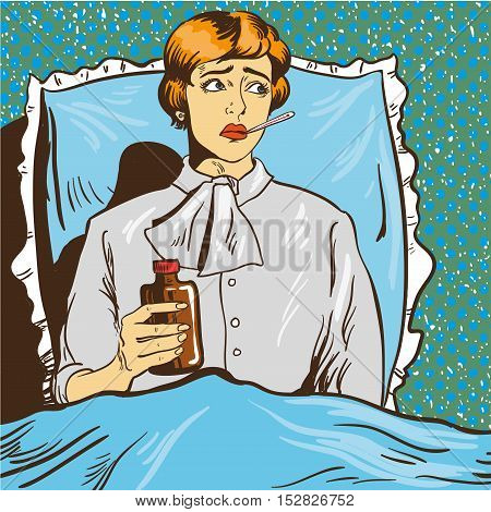 Sick woman with fever lie down on a bed in hospital room. Girl with thermometer in her mouth. Vector illustration in pop art comic style.