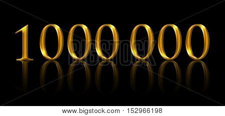 One million. Illustration of golden numbers on black background. Symbolic figure of being a millionaire and of earning the first million. Symbol expressed with yellow orange colored metallic numerals.