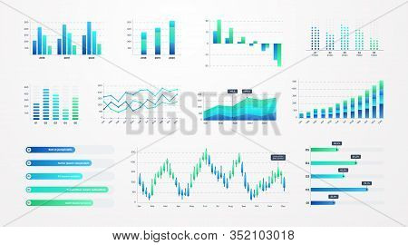 Histogram Charts. Business Infographic Template With Stock Diagrams And Statistic Bars, Line Graphs 