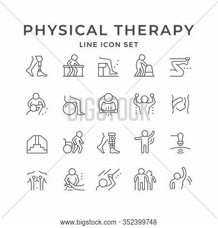 Set Line Icons Of Physical Therapy Isolated On White. Health Rehabilitation, Physiotherapy Exercise,