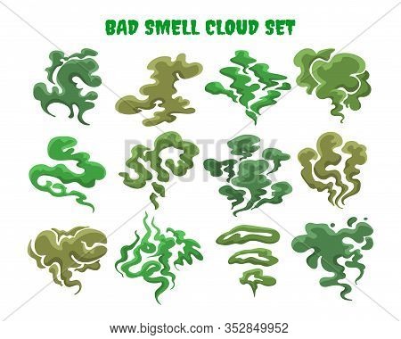 Green Fumes. Bad Smell Clouds, Expired Aroma Vector Isolated Illustrations, Bad Food Cooking Stench 