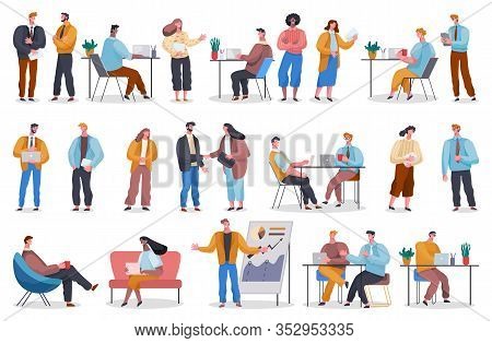 Collection Of Working People. Freelancers At Home And Office Workers With Laptops. Teams And Colleag