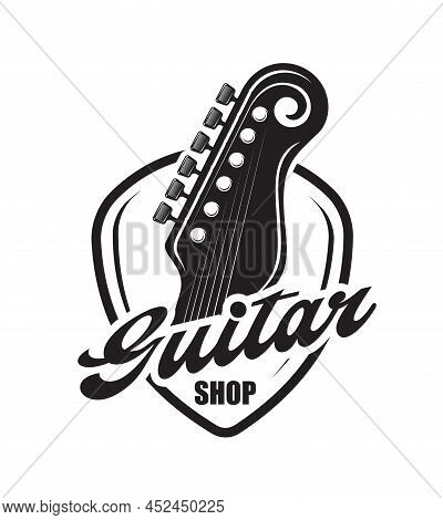 Acoustic Guitar Neck Music Instruments Shop Icon. Isolated Vector Silhouette Of Pick With Guitar Hea