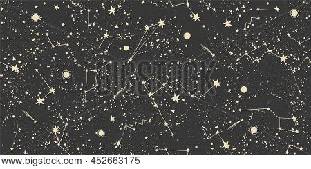 Mystical Night Sky With Constellations Seamless Pattern. Mystical Esoteric Black Boho Background For