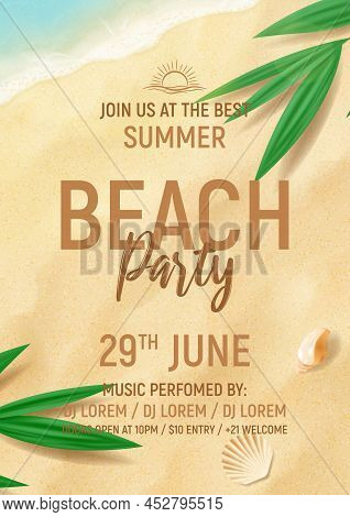 Summer Beach Party Template Poster. Top View On Beach Sand, Tropical Plants, Seashells And Sea Waves