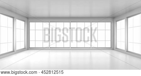 Empty White Room With Large Windows. Vector Realistic 3d Interior Of Office, Studio, Modern Living R