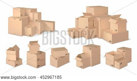 Realistic Box Stack. Stacked Cardboard Boxes, Parcel Pile And Realistic 3d Box Vector Set