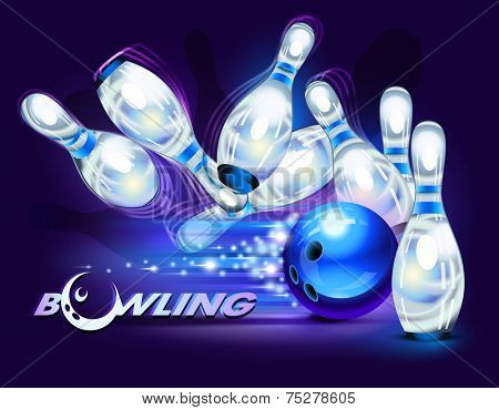 Bowling game, blue bowling ball crashing into the pins