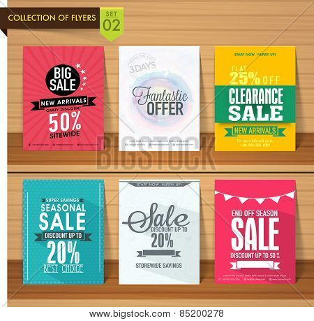 Set of six different Sale flyers with fantastic discount offer on wooden background. 