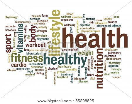 Concept or conceptual abstract word cloud with a hand on touch screen on white background for health, nutrition, diet, wellness, body, energy, medical, fitness, medical, gym, medicine, sport or heart