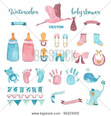 Watercolor vector baby shower set