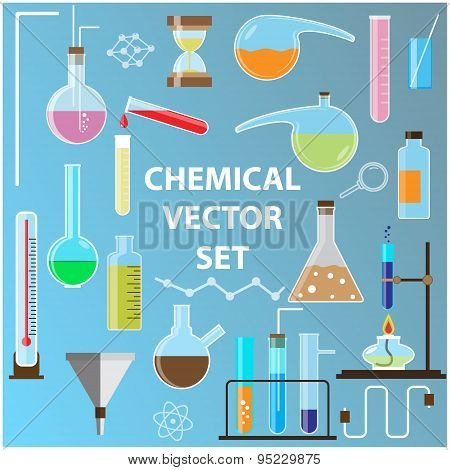 Set of laboratory flasks. Chemistry objects in flat design.